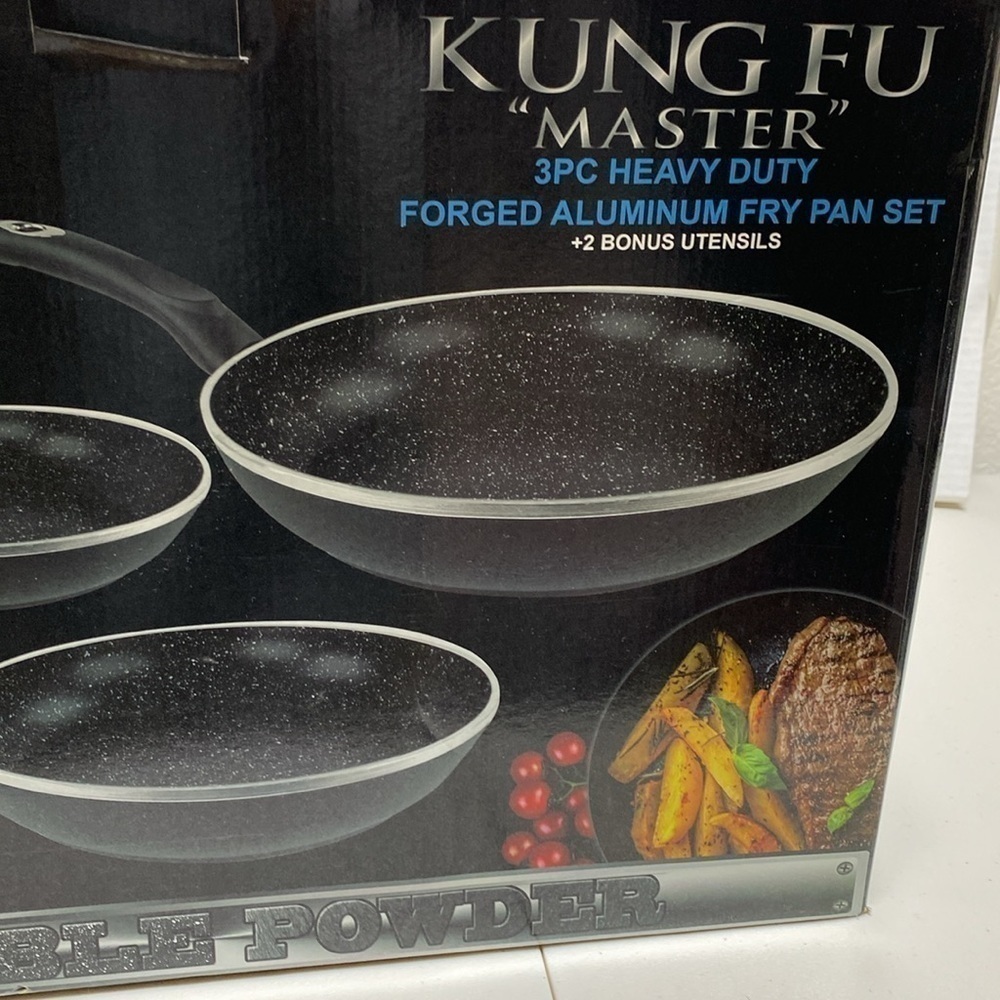 $99 NEW! Heavy Duty Forged Aluminum Fry Pan 3 Piece Set + 2 Bonus Utensils - Picture 6 of 13
